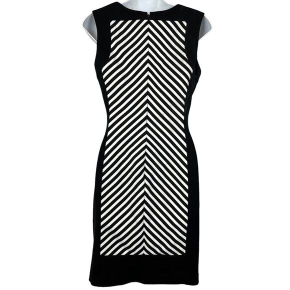 CALVIN KLEIN Black White Striped Herringbone Sleeveless Stretch Knit Dress sz 4 - Picture 11 of 15